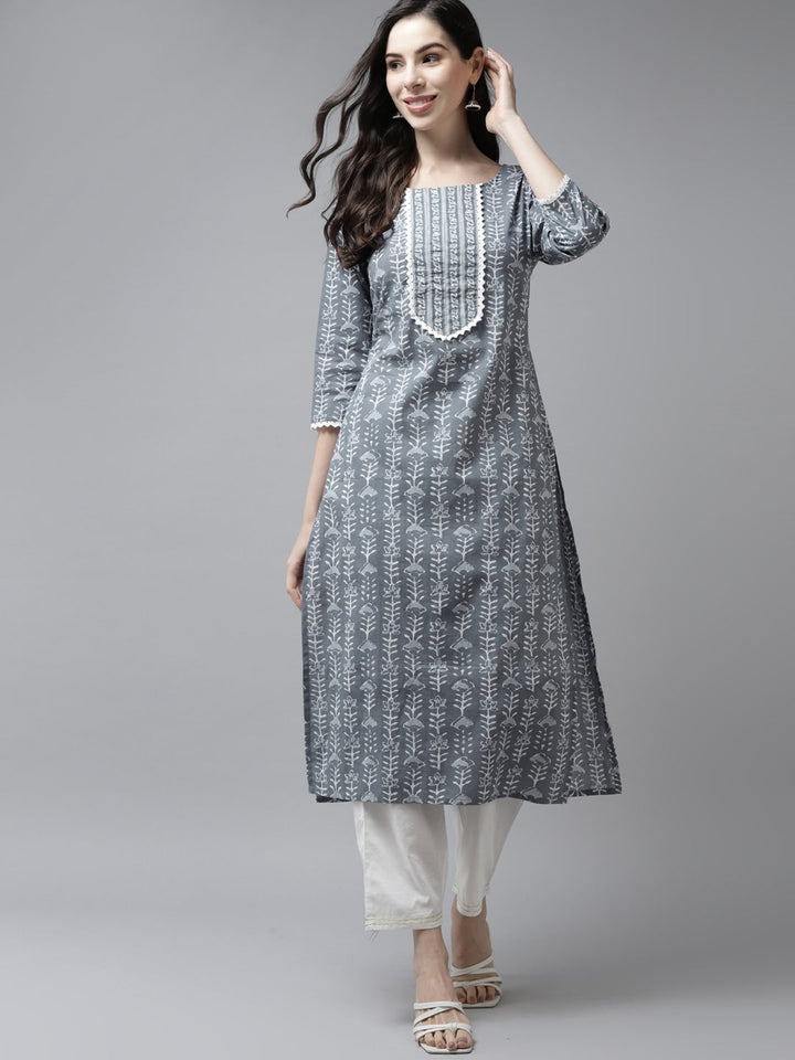 Grey & White Printed Cotton Kurta-Yufta Store-9712KURGYS