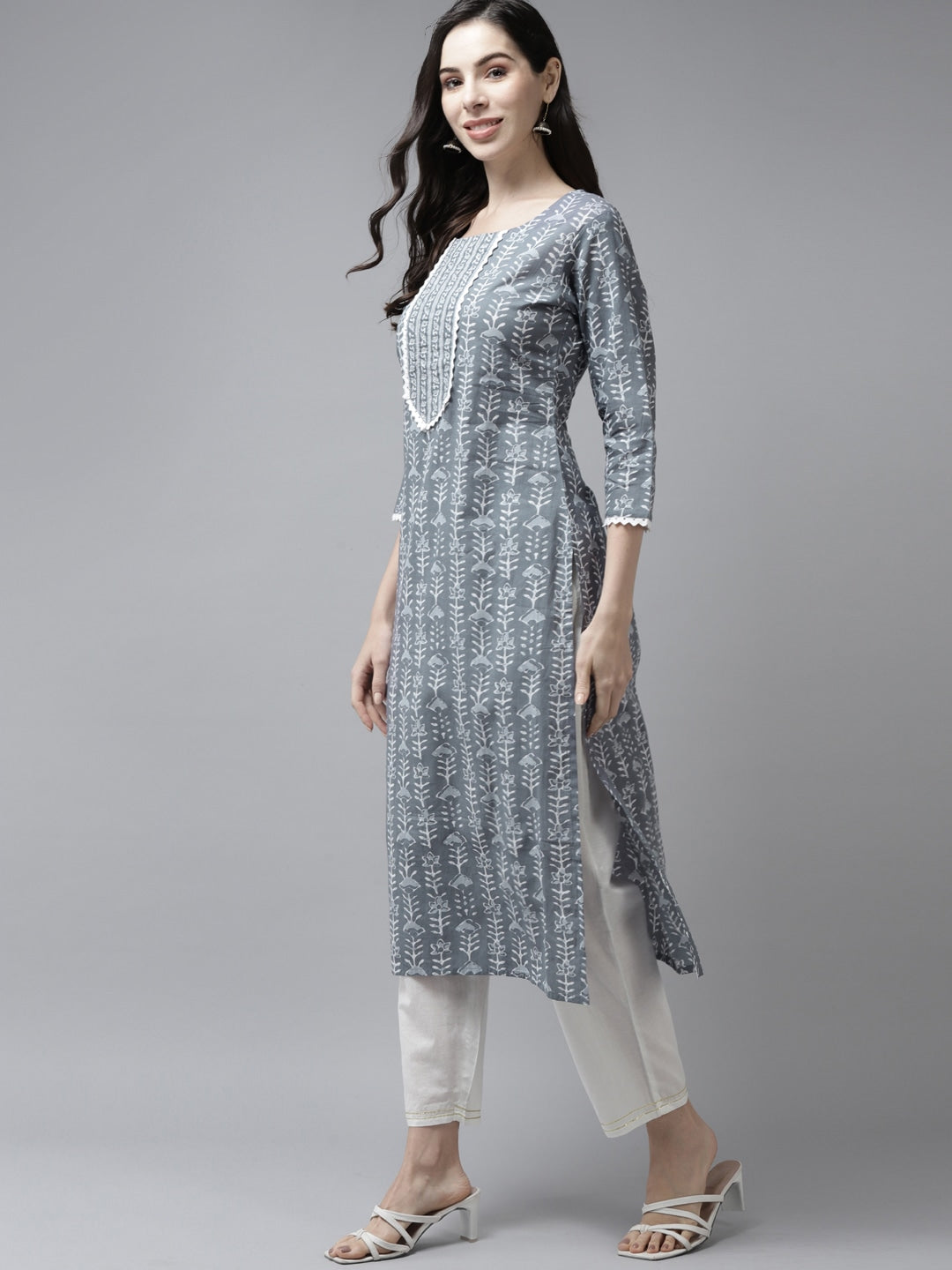 Grey & White Printed Cotton Kurta-Yufta Store-9712KURGYS