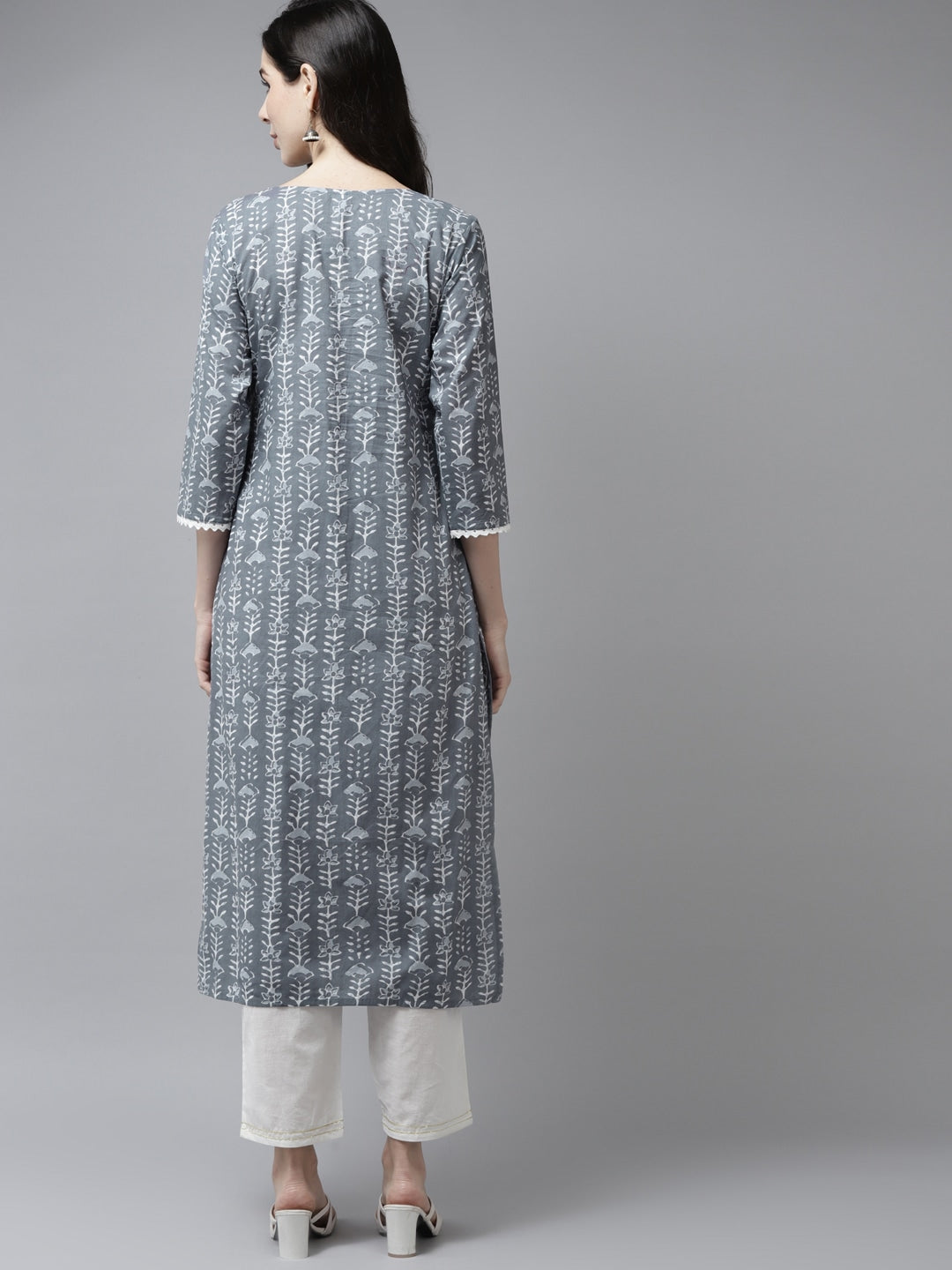 Grey & White Printed Cotton Kurta-Yufta Store-9712KURGYS