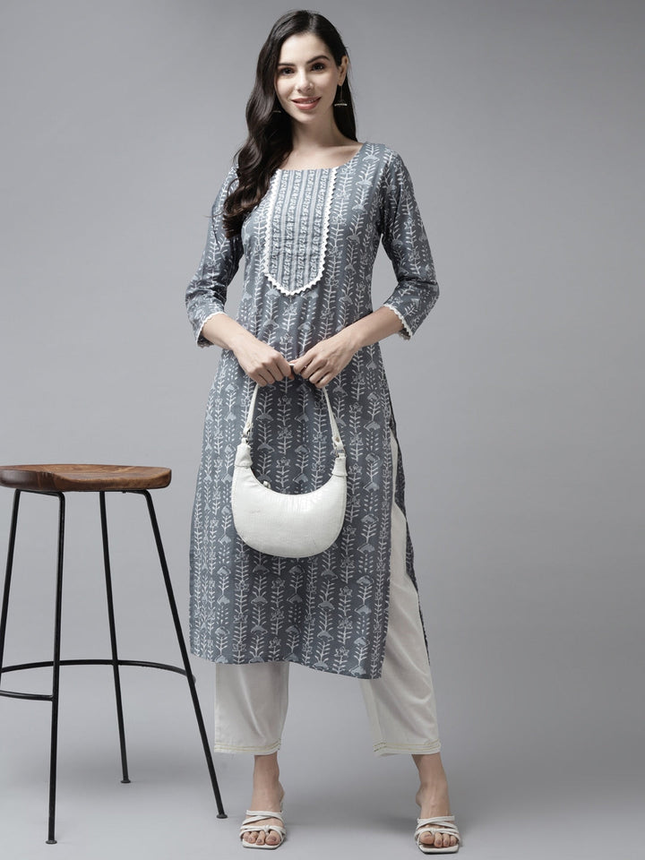 Grey & White Printed Cotton Kurta-Yufta Store-9712KURGYS