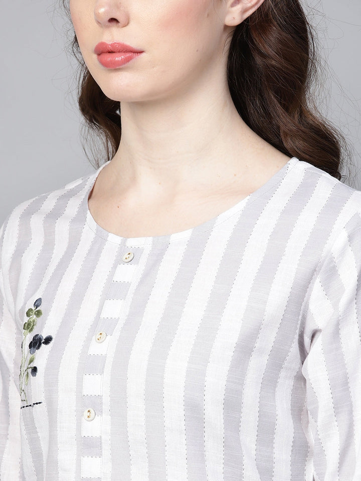 Grey & White Striped Kurta Set-Yufta Store-YUFGKKU732GYS