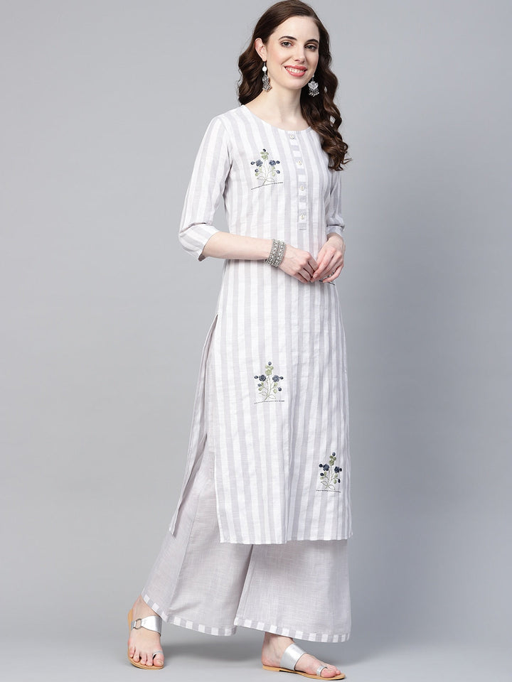 Grey & White Striped Kurta Set-Yufta Store-YUFGKKU732GYS