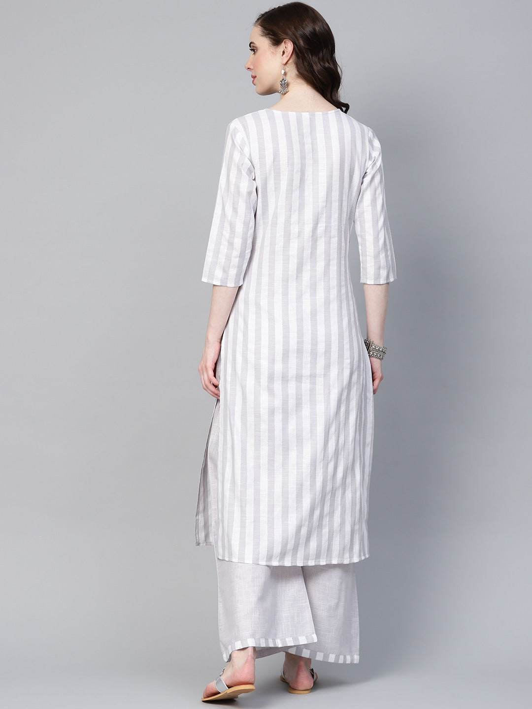 Grey & White Striped Kurta Set-Yufta Store-YUFGKKU732GYS