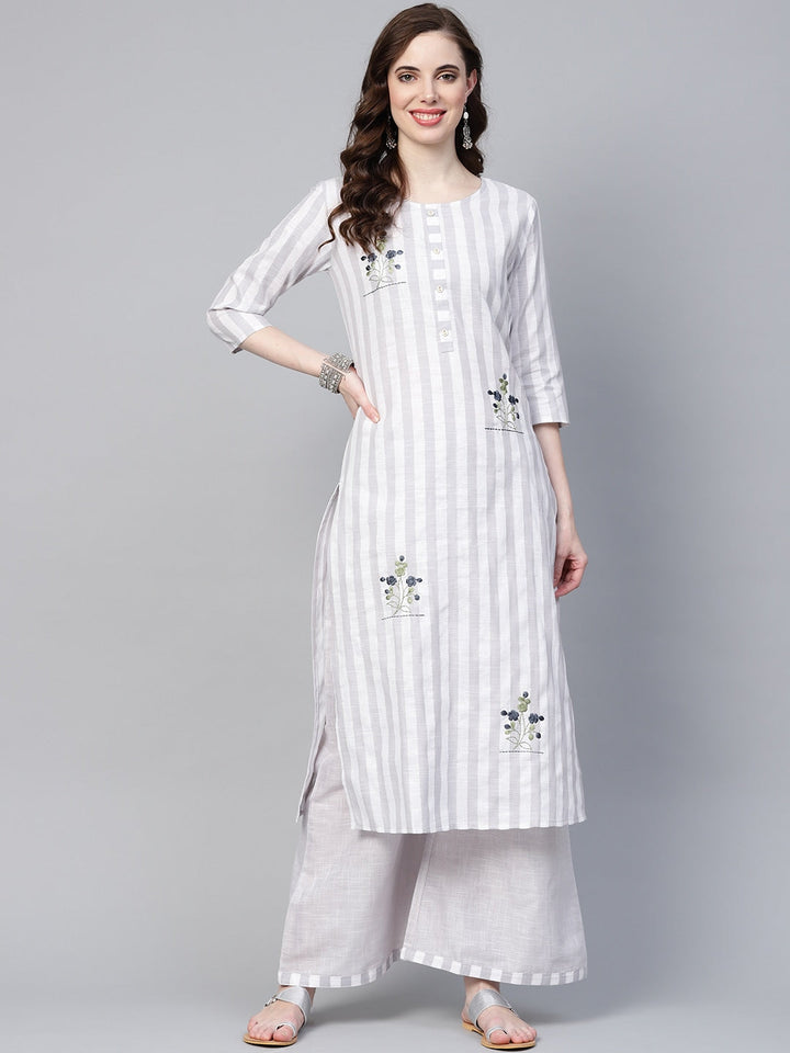 Grey & White Striped Kurta Set-Yufta Store-YUFGKKU732GYS