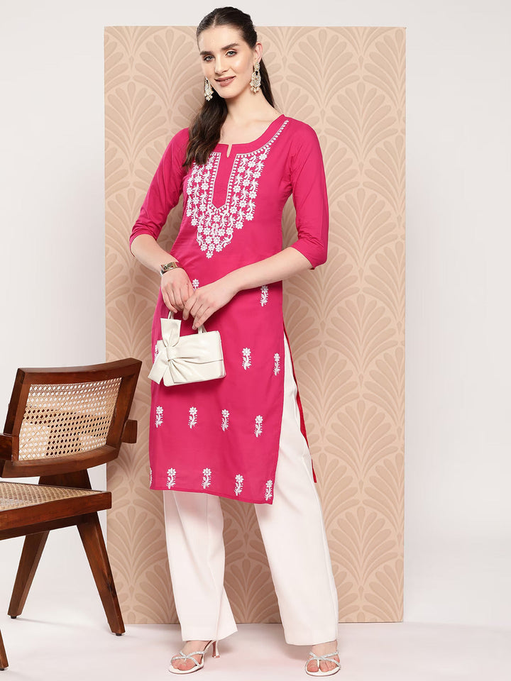 Hot Pink Floral Embroidered Pure Cotton Kurta-Yufta Store-1497KURHPS