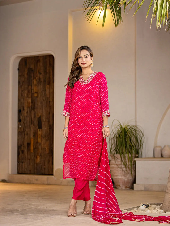 Hot Pink Georgette Lehriya Kurta Duptta Set-Yufta Store-6988SKDHPS