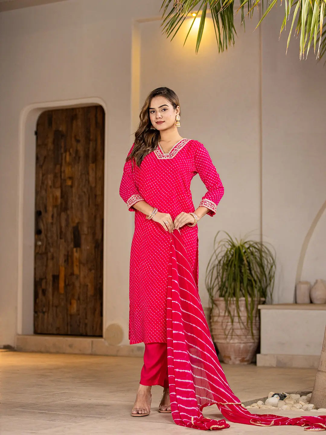 Hot Pink Georgette Lehriya Kurta Duptta Set-Yufta Store-6988SKDHPS