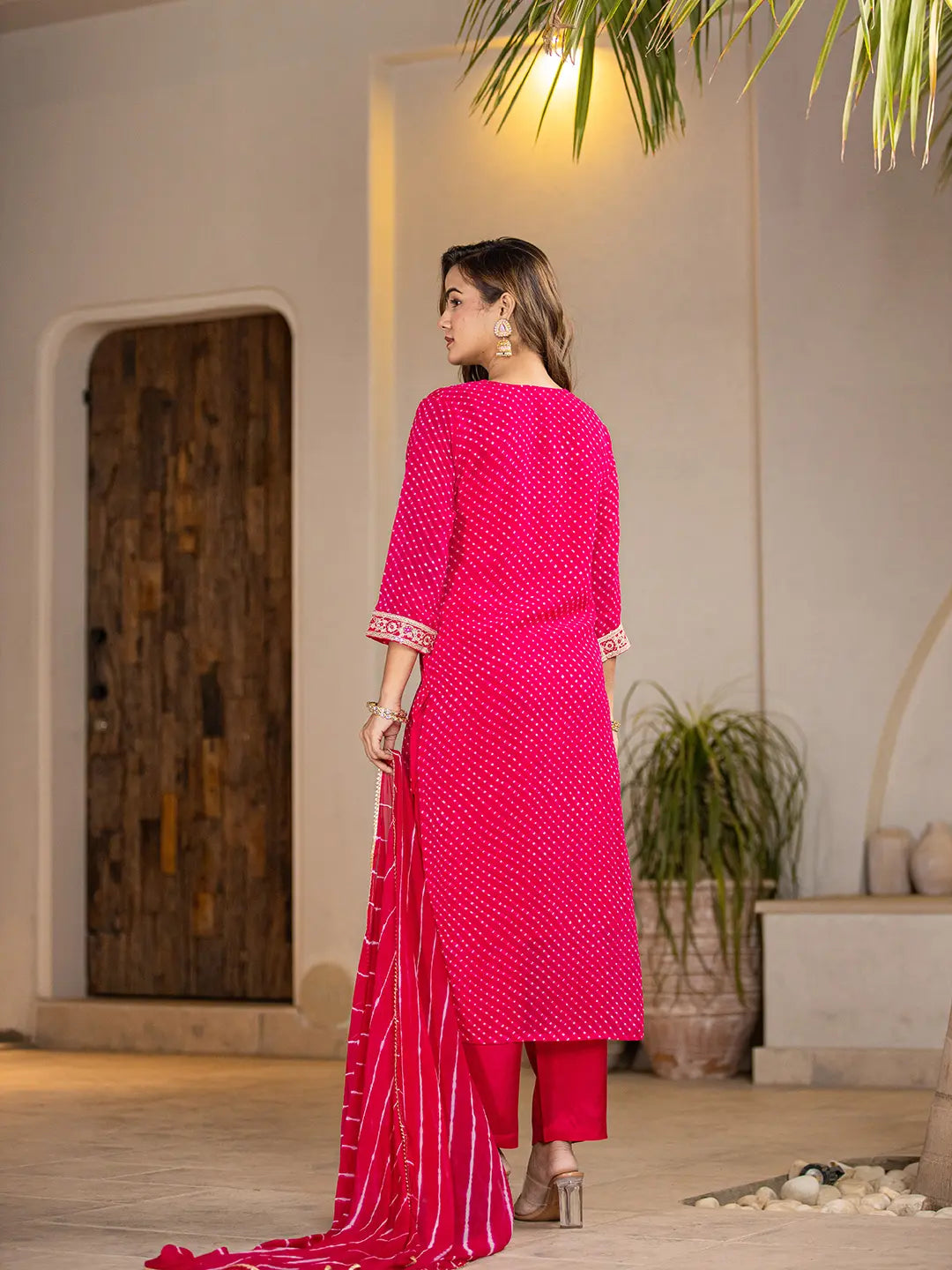 Hot Pink Georgette Lehriya Kurta Duptta Set-Yufta Store-6988SKDHPS