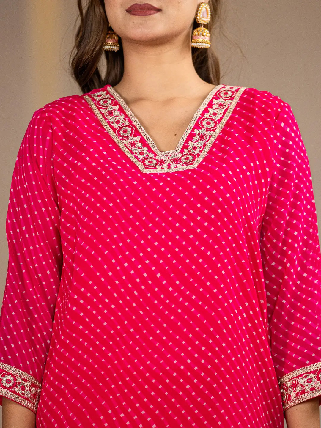 Hot Pink Georgette Lehriya Kurta Duptta Set-Yufta Store-6988SKDHPS