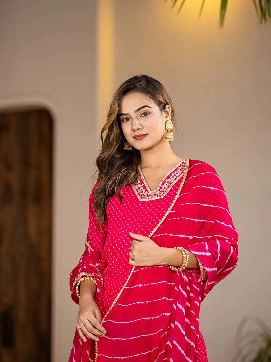 Hot Pink Georgette Lehriya Kurta Duptta Set-Yufta Store-6988SKDHPS