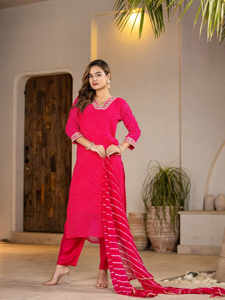 Hot Pink Georgette Lehriya Kurta Duptta Set-Yufta Store-6988SKDHPS