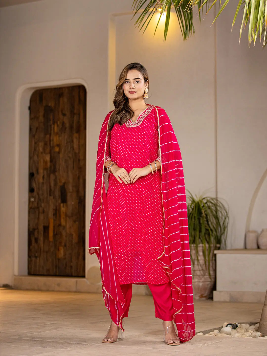 Hot Pink Georgette Lehriya Kurta Duptta Set-Yufta Store-6988SKDHPS