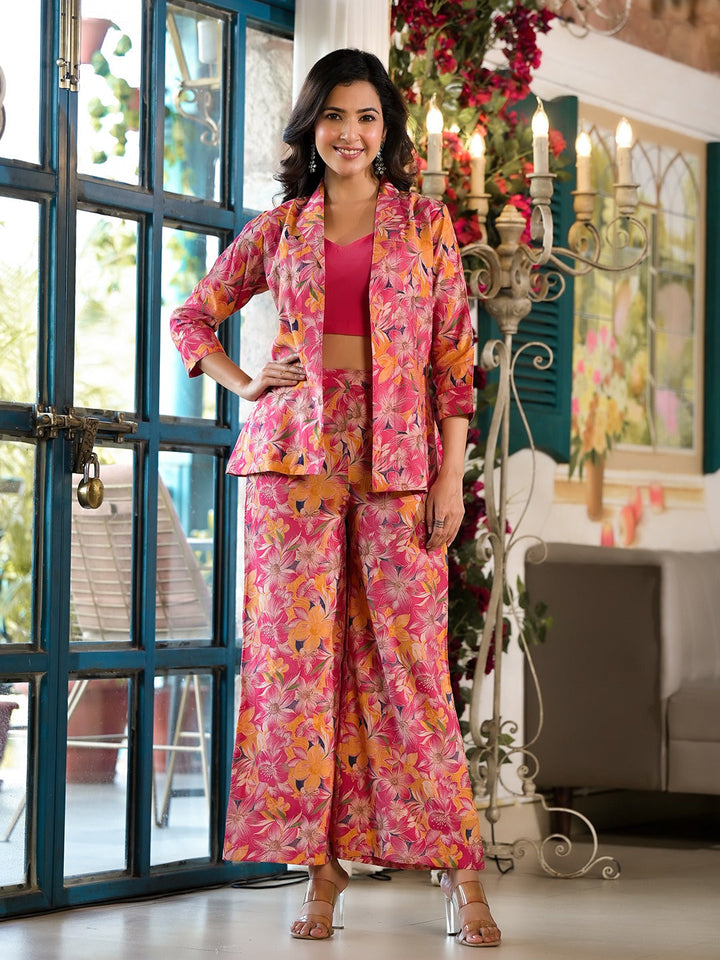 Hot Pink Silk blend Floral Print crop top And Palazzo With Jacket Co-ord set-Yufta Store-1603CRDHPS