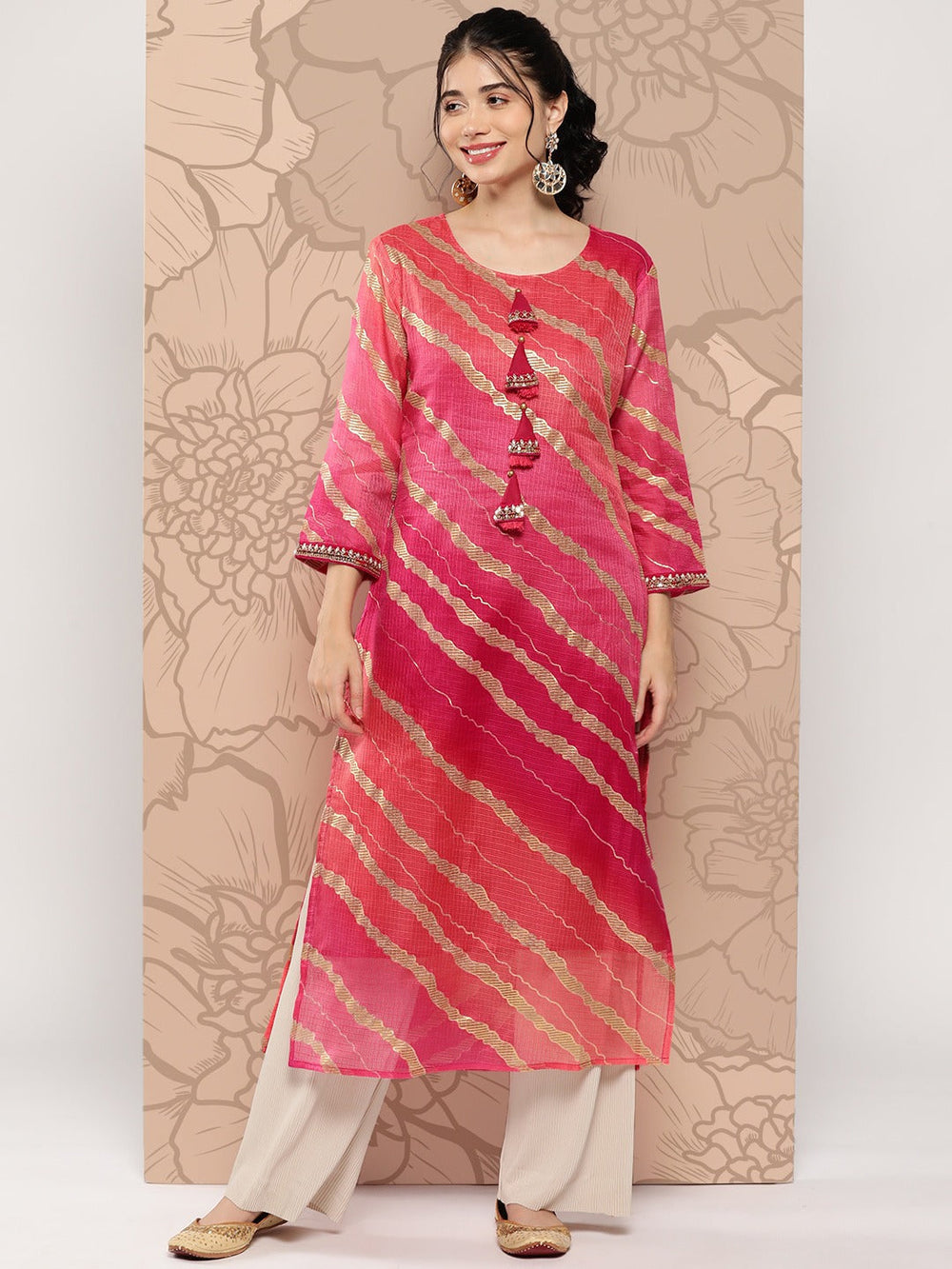 Hot Pink Women Leheriya Cotton lining Striped Kurta-Yufta Store-9961KURHPS