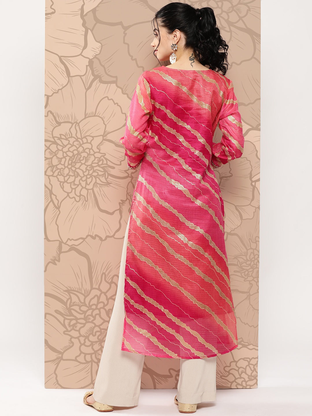 Hot Pink Women Leheriya Cotton lining Striped Kurta-Yufta Store-9961KURHPS