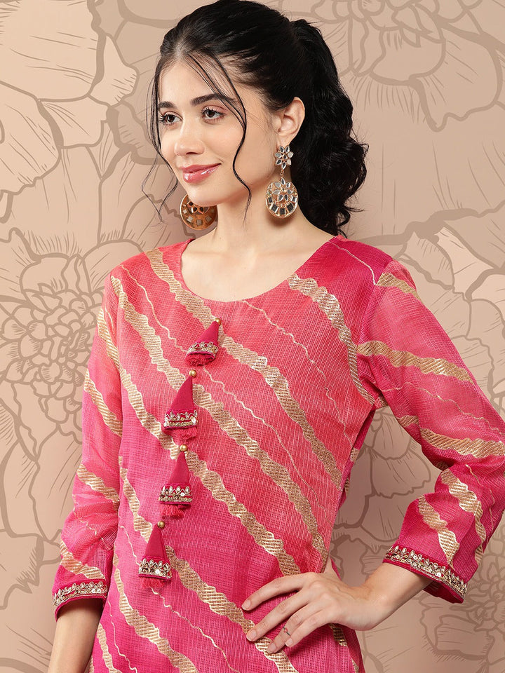 Hot Pink Women Leheriya Cotton lining Striped Kurta-Yufta Store-9961KURHPS