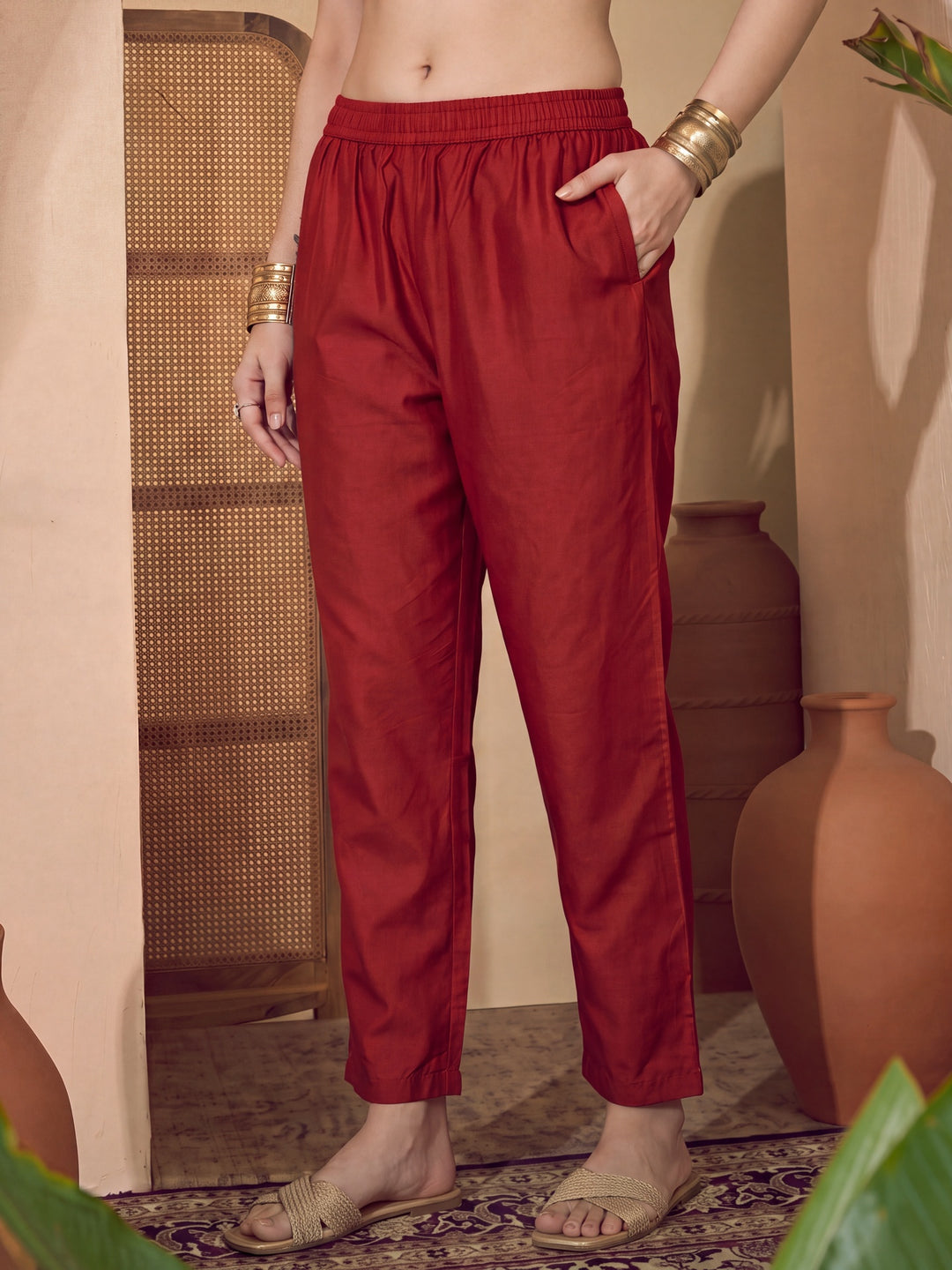 Poly Muslim Red Kurta Dupatta Pant Set