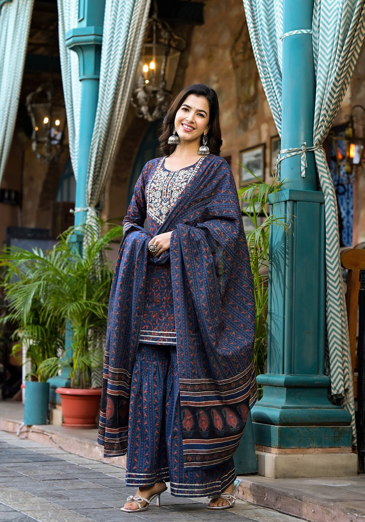 Indigo Blue Ethnic Motifs Dori_Embroidery Kurta Sharara With Dupatta Set