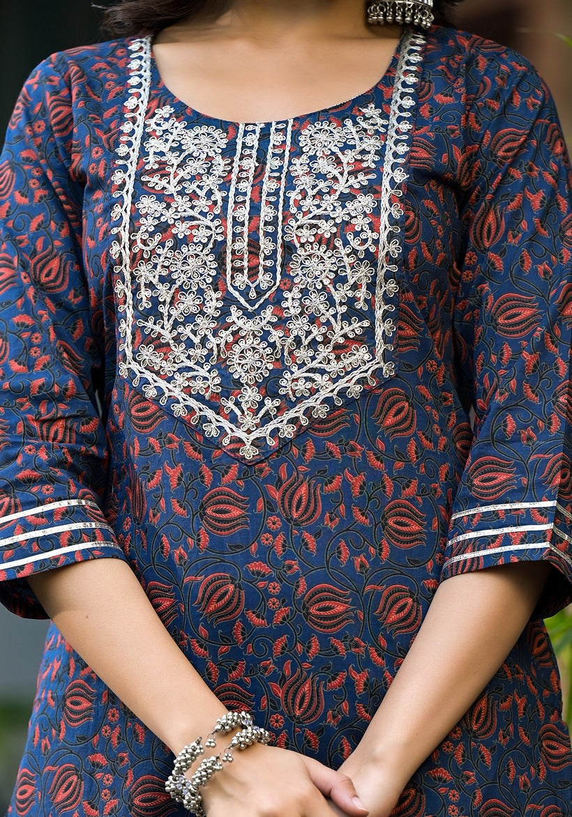 Indigo Blue Ethnic Motifs Dori_Embroidery Kurta Sharara With Dupatta Set-Yufta Store-1741SKDBLS