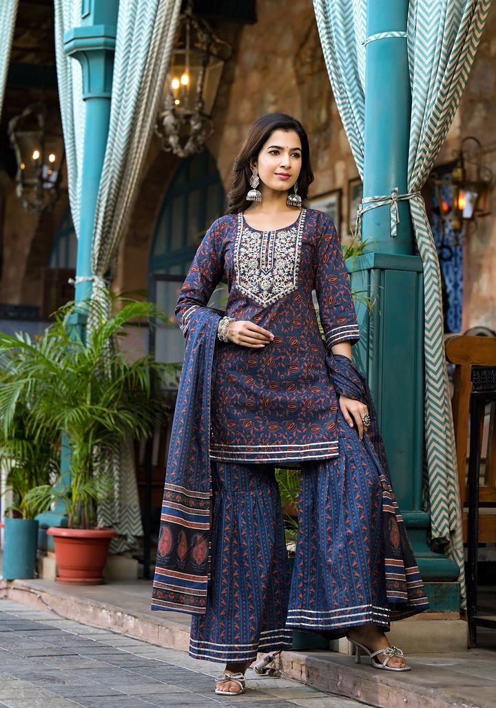 Indigo Blue Ethnic Motifs Dori_Embroidery Kurta Sharara With Dupatta Set