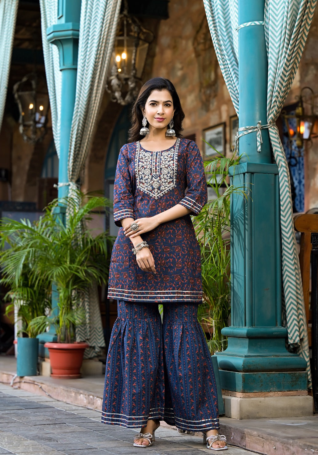 Indigo Blue Ethnic Motifs Dori_Embroidery Kurta Sharara With Dupatta Set