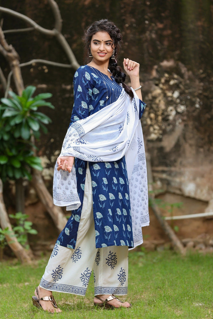 Indigo & Offwhite Handblock Printed Dupatta Set-Yufta Store-7769SKDBLS