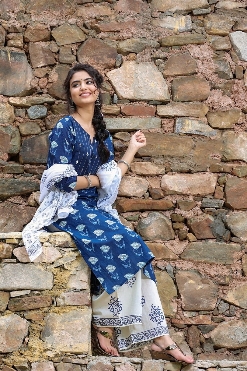 Indigo & Offwhite Handblock Printed Dupatta Set