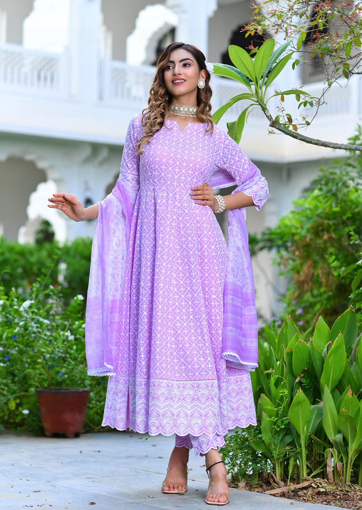 Lavender Embroidered Dupatta Set-Yufta Store-2364SKDLVM