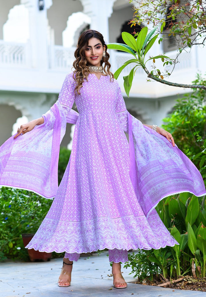 Lavender Embroidered Dupatta Set-Yufta Store-2364SKDLVM