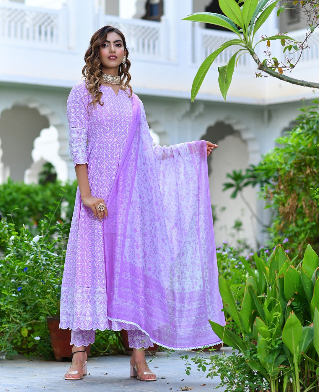 Lavender Embroidered Dupatta Set-Yufta Store-2364SKDLVM