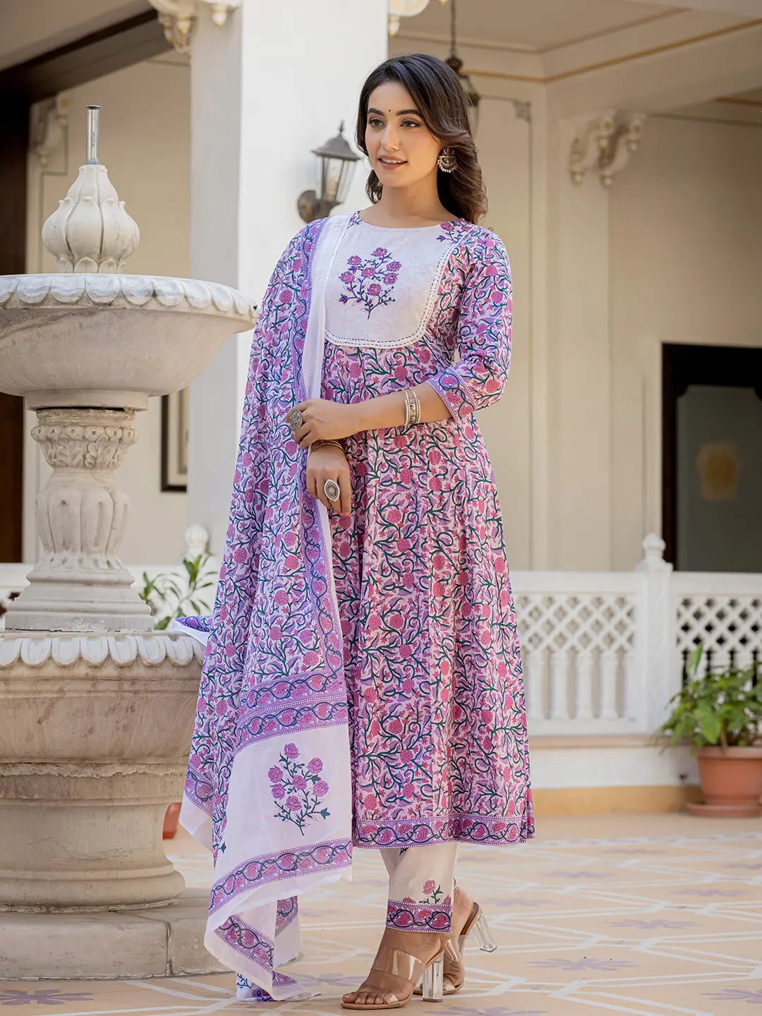 Lavender Ethnic Motifs Cotton Dupatta Set-Yufta Store-9764SKDLVS