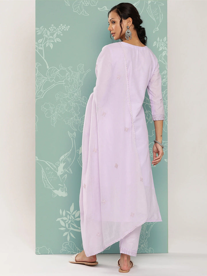 Lavender Floral Embroidered Cotton Kurta Dupatta Set-Yufta Store-1257SKDLVS