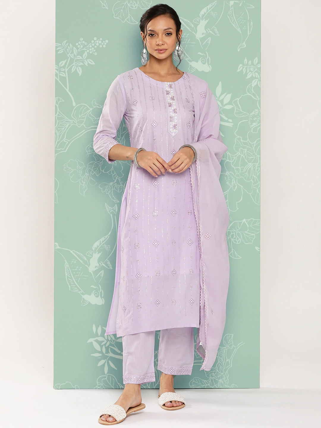 Lavender Floral Embroidered Cotton Kurta Dupatta Set-Yufta Store-1257SKDLVS