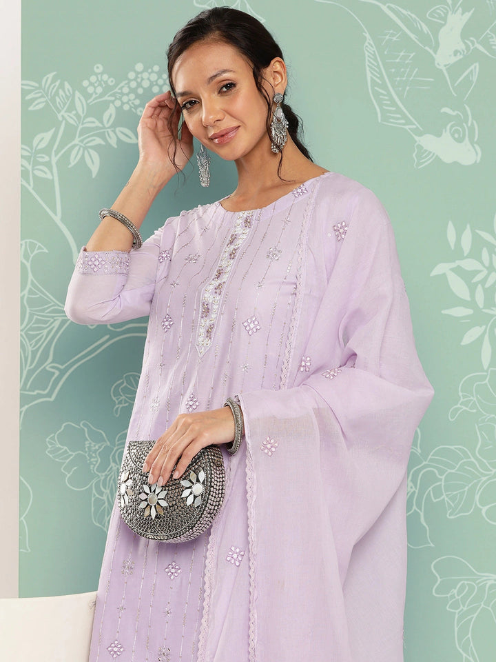 Lavender Floral Embroidered Cotton Kurta Dupatta Set-Yufta Store-1257SKDLVS
