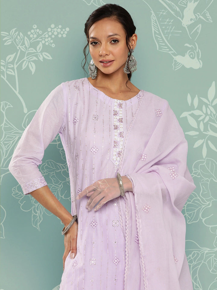 Lavender Floral Embroidered Cotton Kurta Dupatta Set-Yufta Store-1257SKDLVS