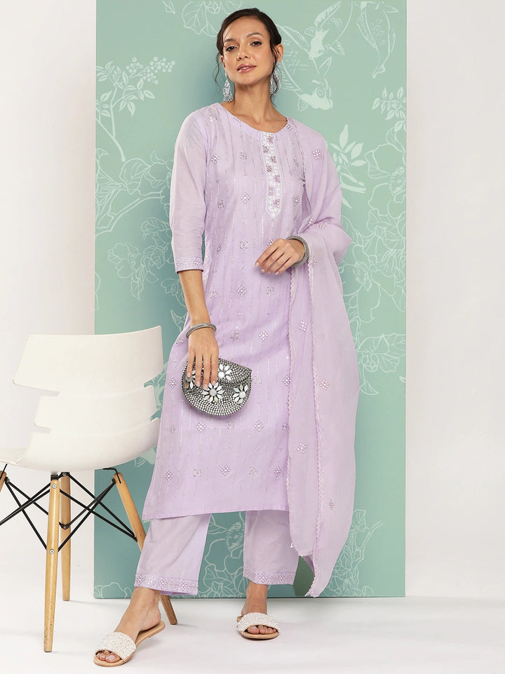 Lavender Floral Embroidered Cotton Kurta Dupatta Set-Yufta Store-1257SKDLVS