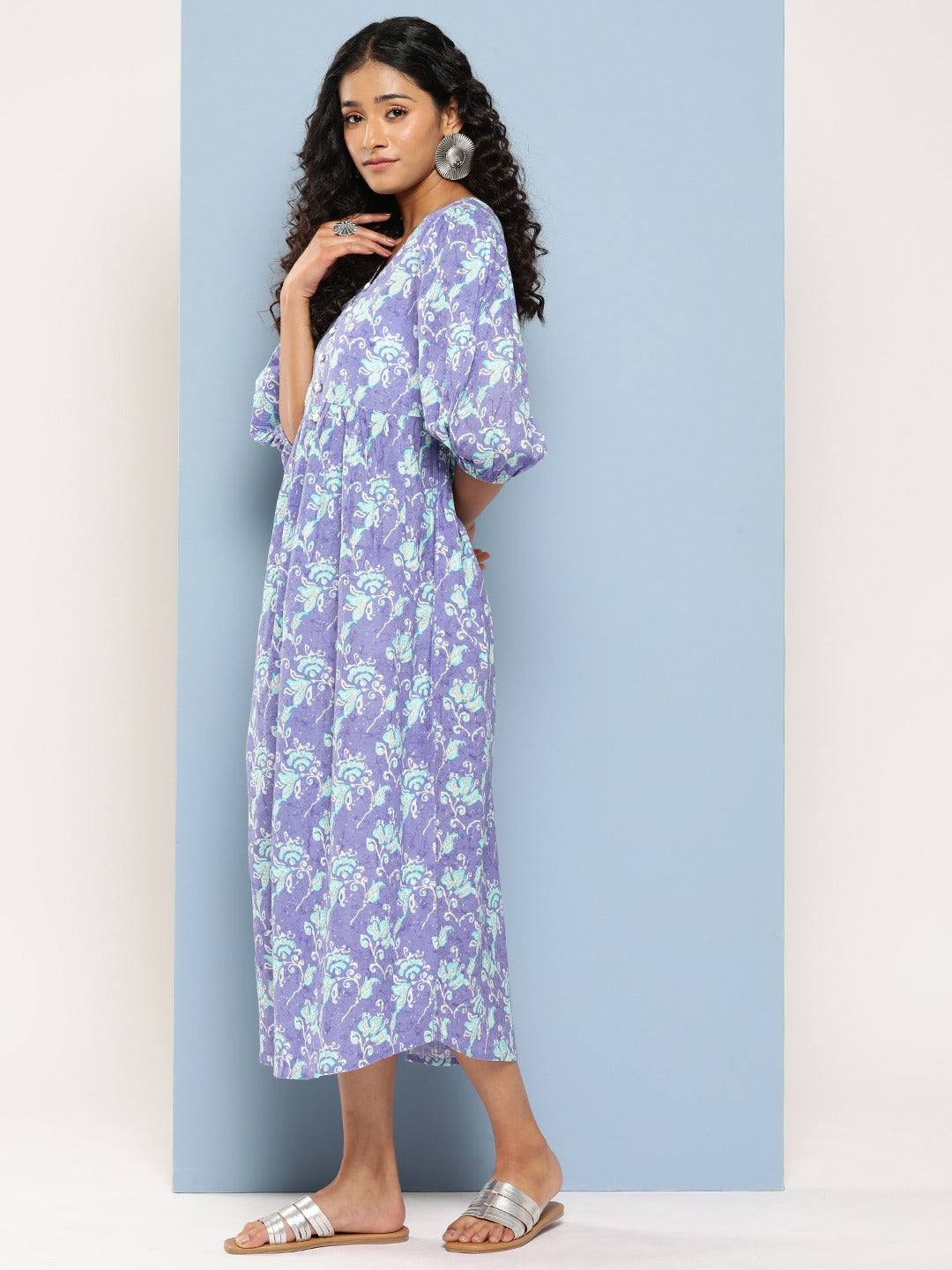 Lavender Floral Print Flared Sleeve Maxi Dress-Yufta Store-8515DRSLVS