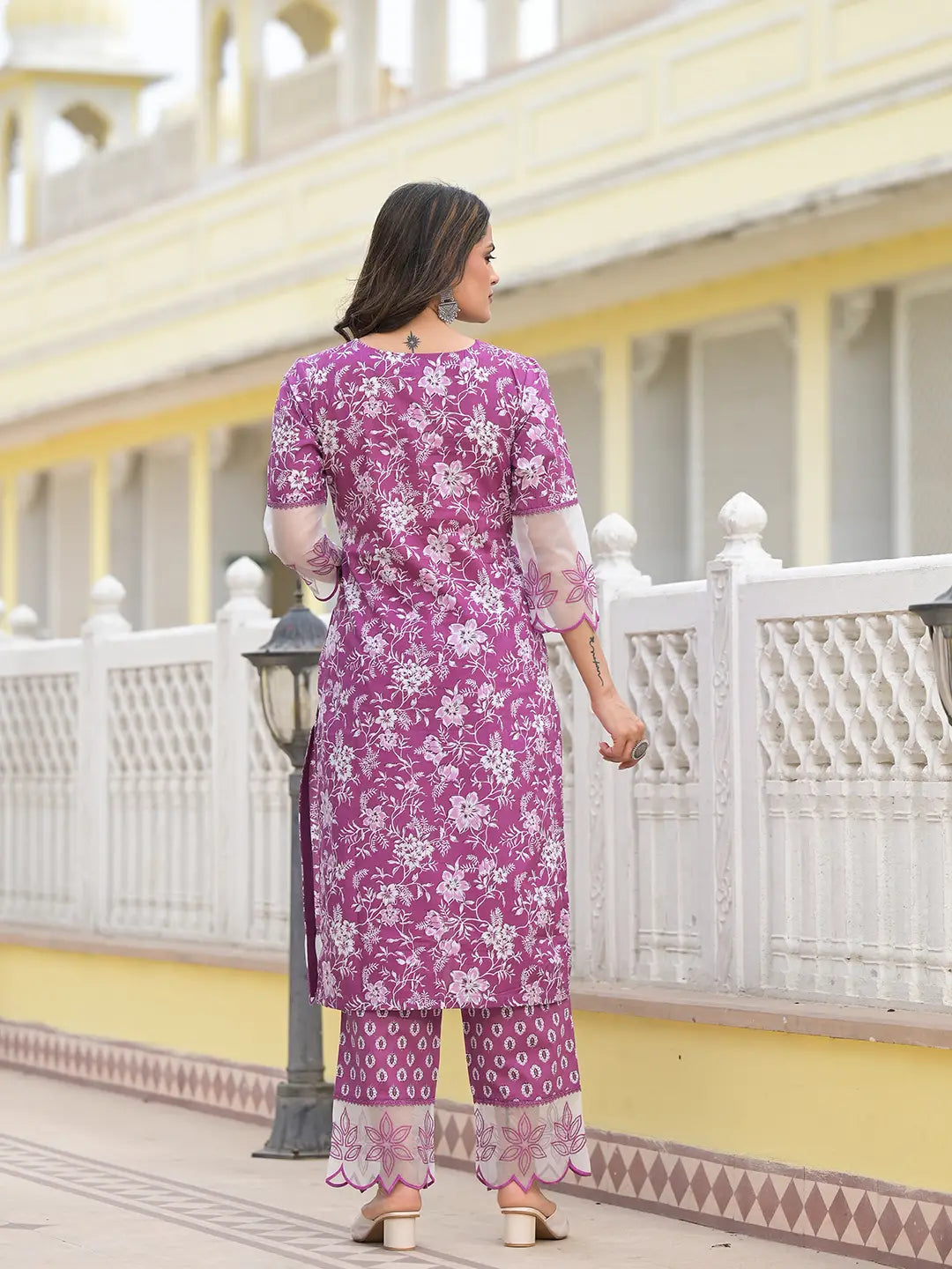Lavender Floral Print Pakistani Style Kurta Trouser And Dupatta Set-Yufta Store-6891SKDLVM