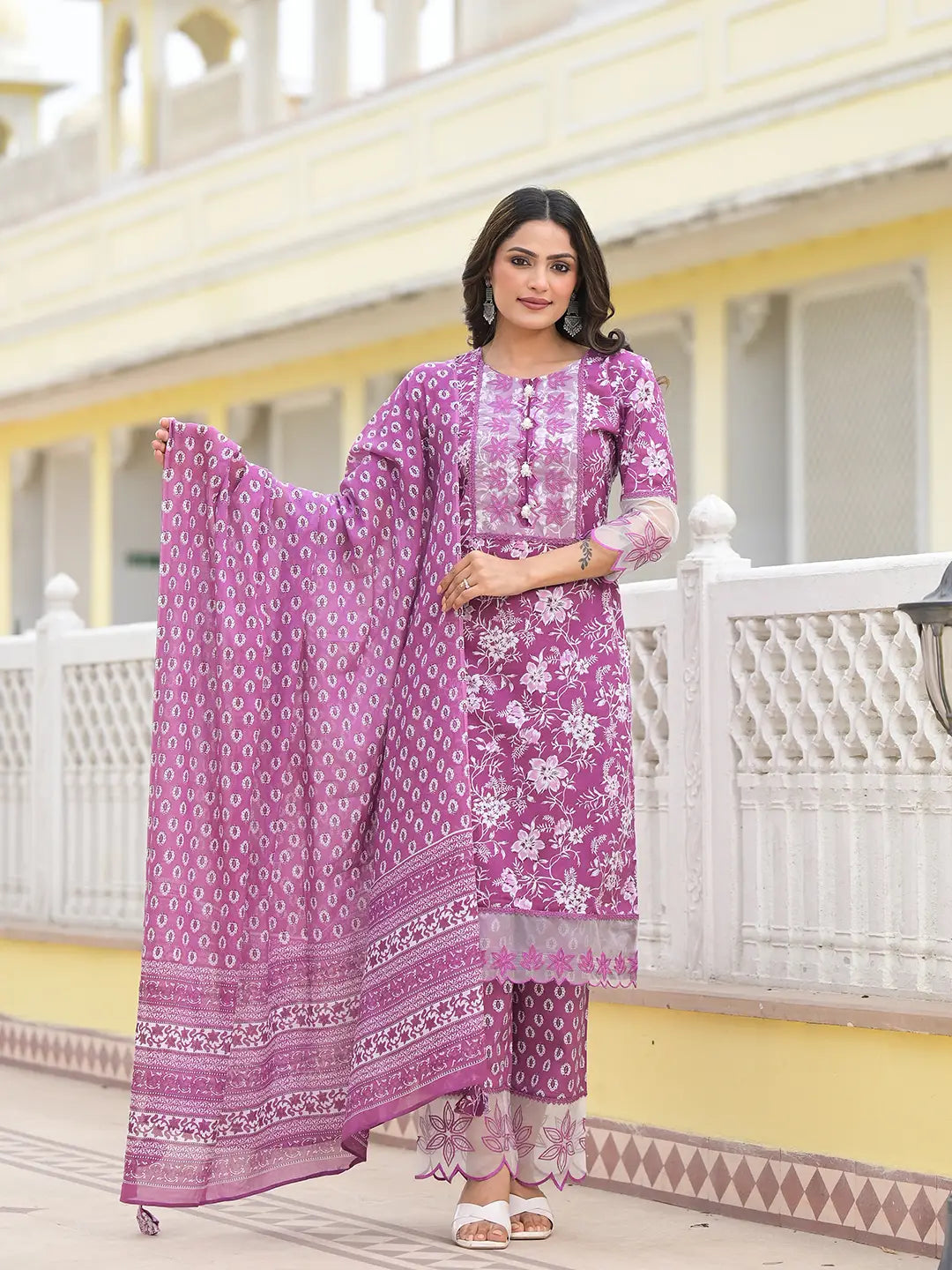 Lavender Floral Print Pakistani Style Kurta Trouser And Dupatta Set-Yufta Store-6891SKDLVM