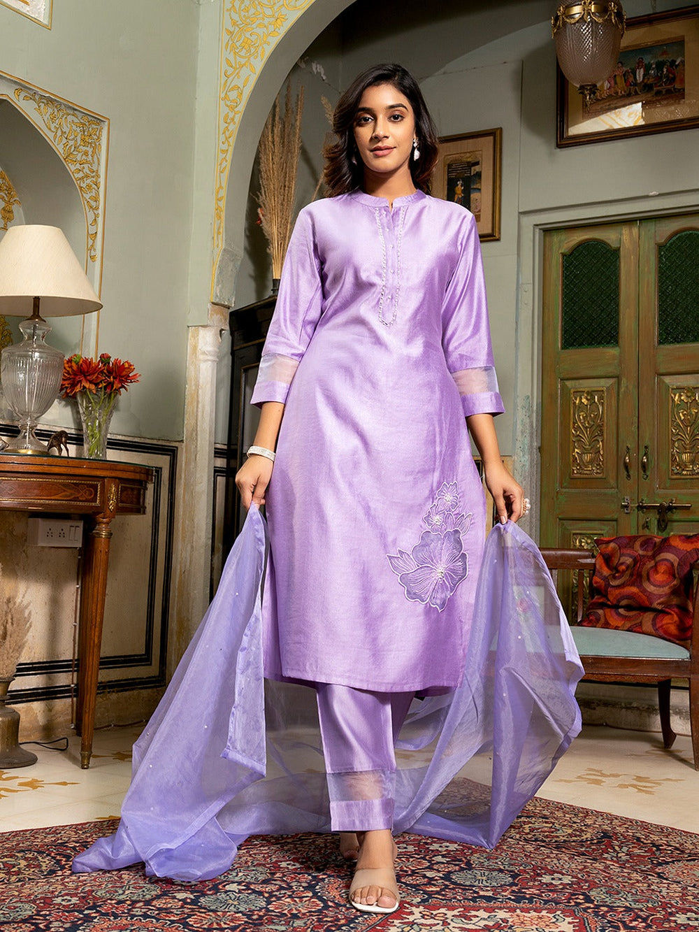 Lavender Patch_Work Kurta Trouser with Dupatta Set-Yufta Store-1648SKDLVM