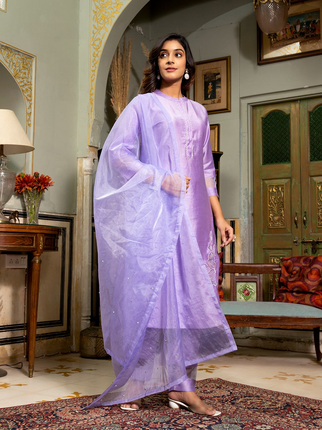 Lavender Patch_Work Kurta Trouser with Dupatta Set-Yufta Store-1648SKDLVM