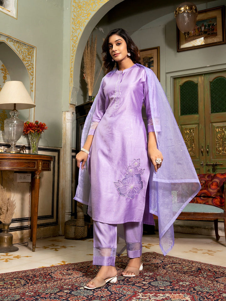 Lavender Patch_Work Kurta Trouser with Dupatta Set-Yufta Store-1648SKDLVM