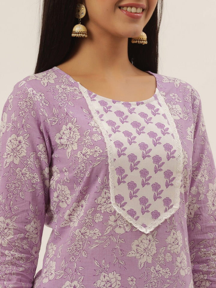 Lavender Printed Cotton Dupatta Set