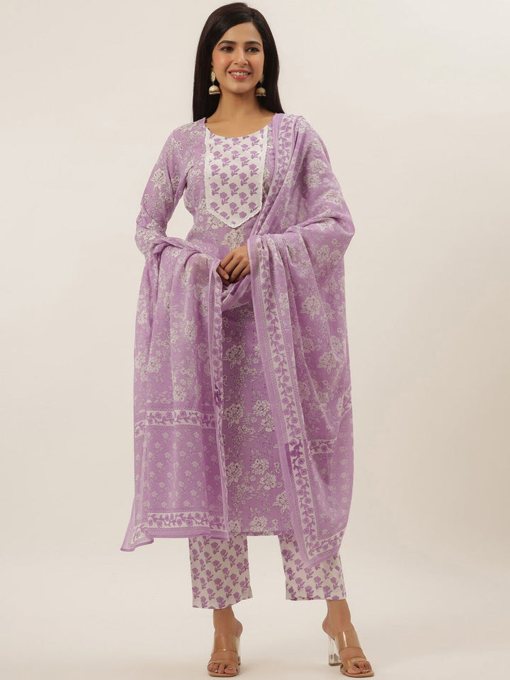 Lavender Printed Cotton Dupatta Set-Yufta Store-9812SKDLVS