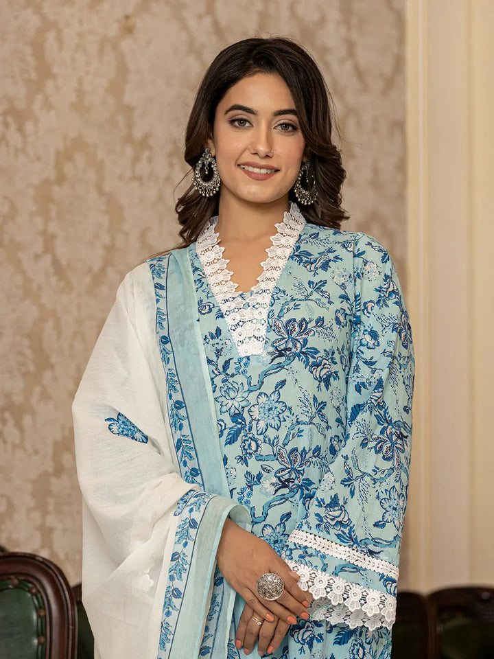 Light Blue Floral Print Straight Pakistani Style Kurta Trouser And Dupatta Set-Yufta Store-1004SKDBLS