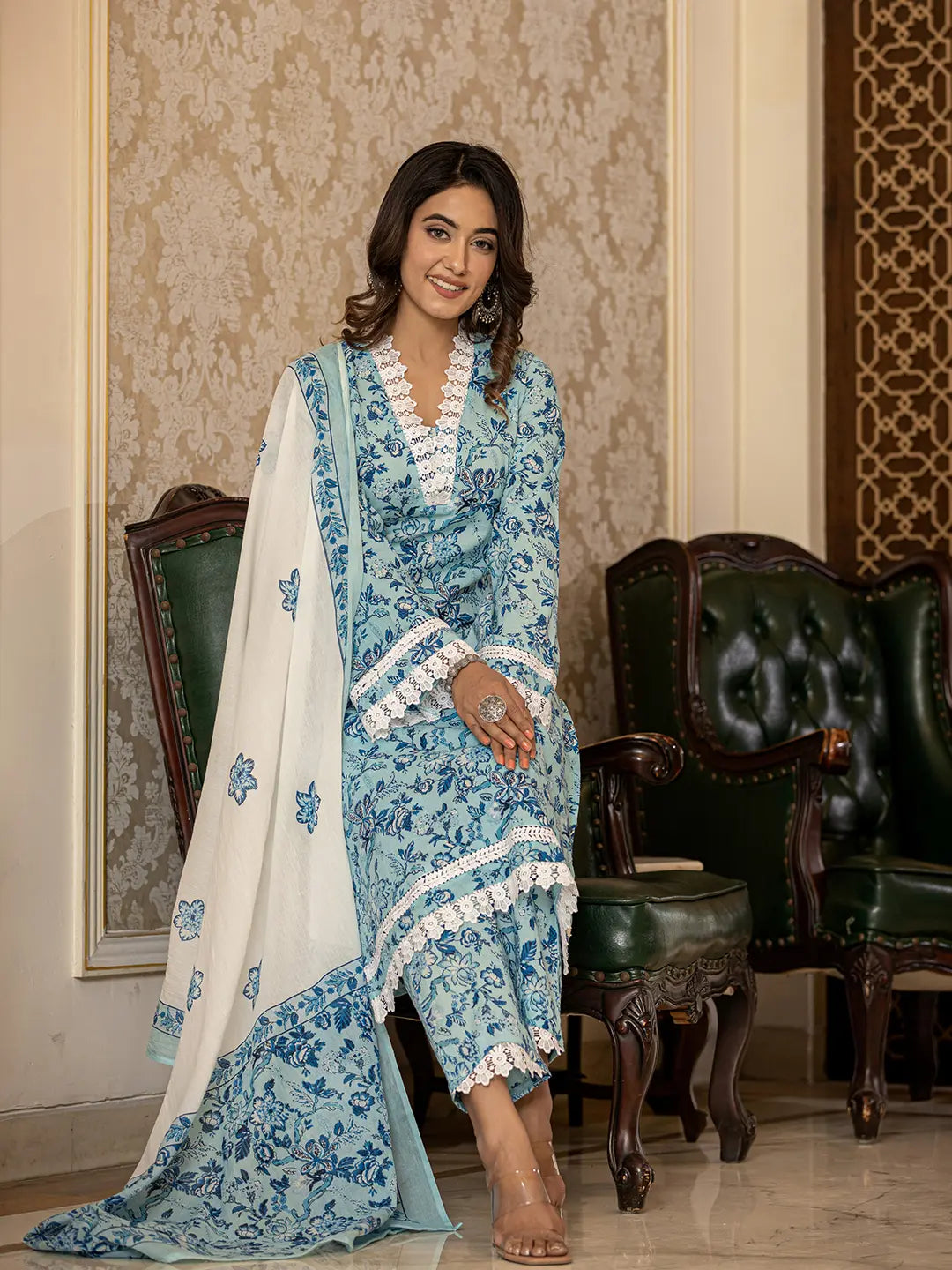 Light Blue Floral Print Straight Pakistani Style Kurta Trouser And Dupatta Set-Yufta Store-1004SKDBLS