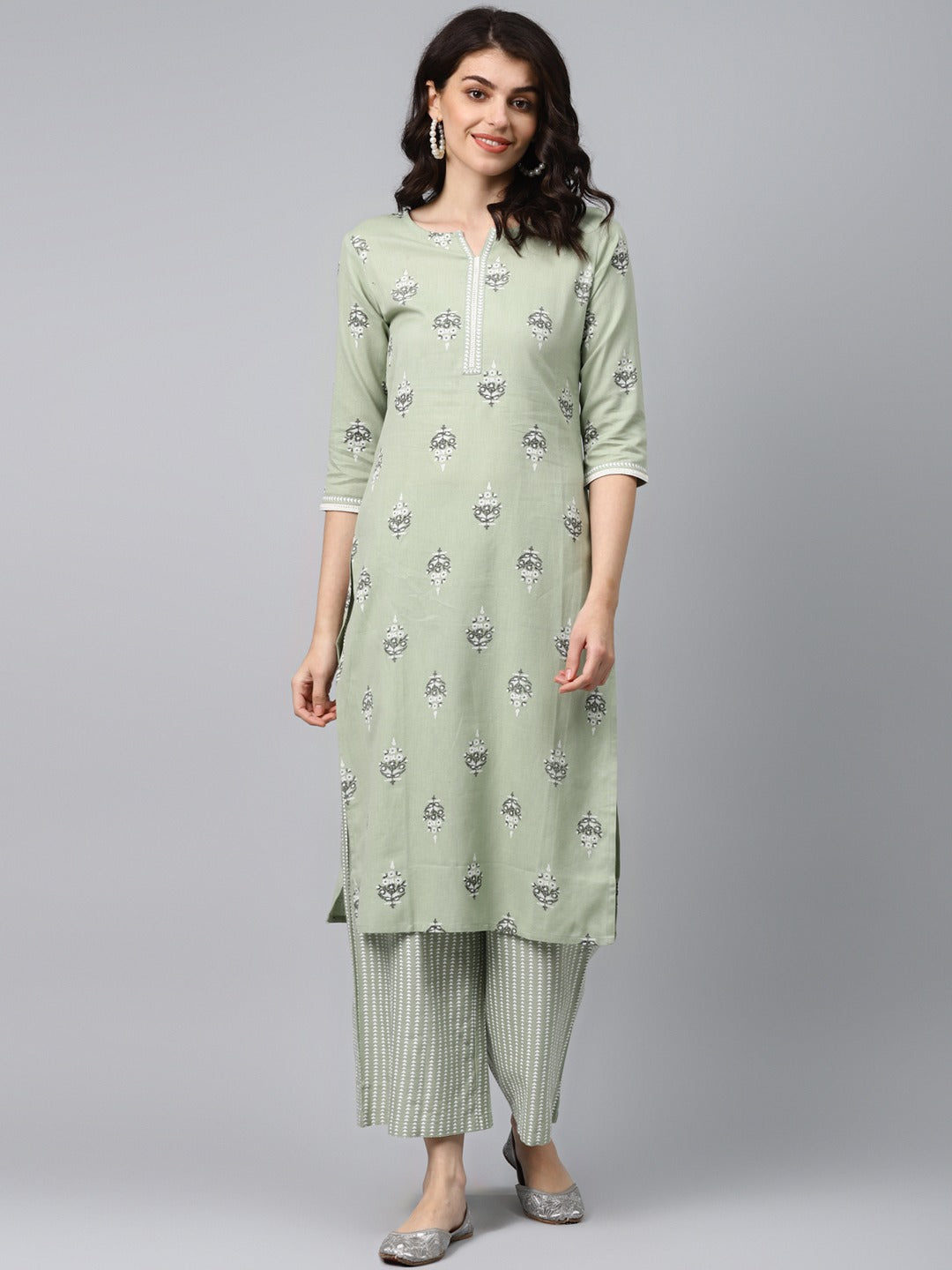 Light Green Printed Kurta Set-Yufta Store-7309SETGRS