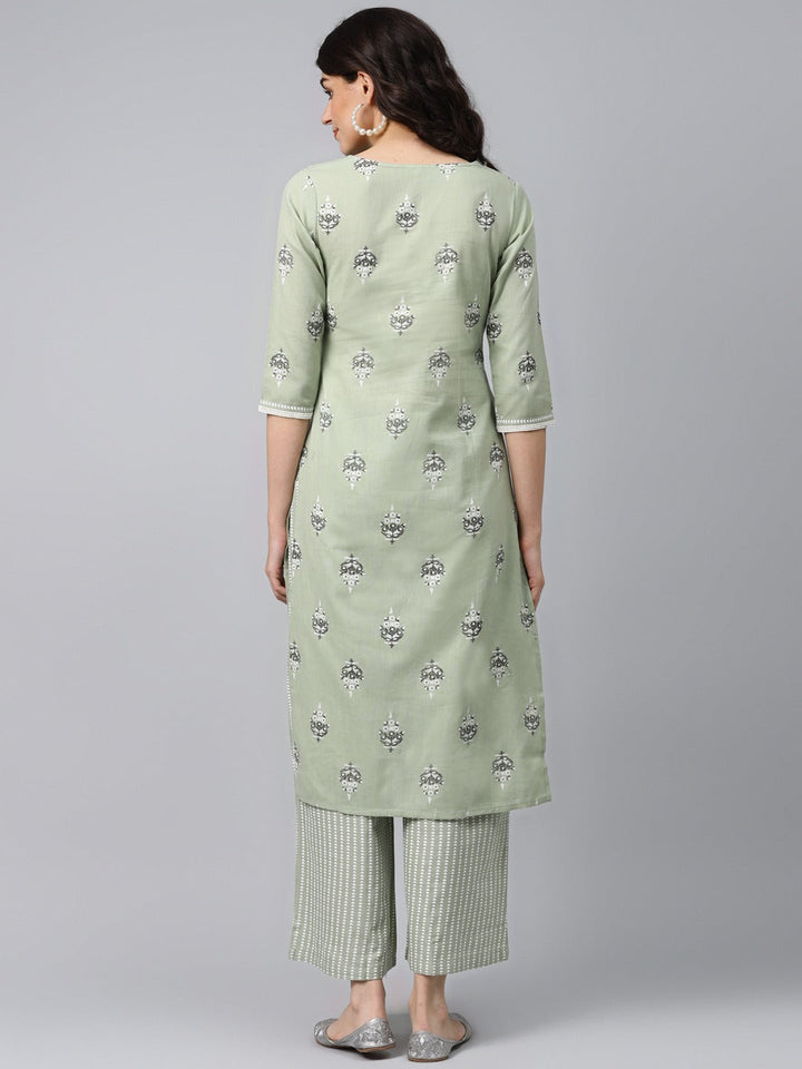 Light Green Printed Kurta Set-Yufta Store-7309SETGRS