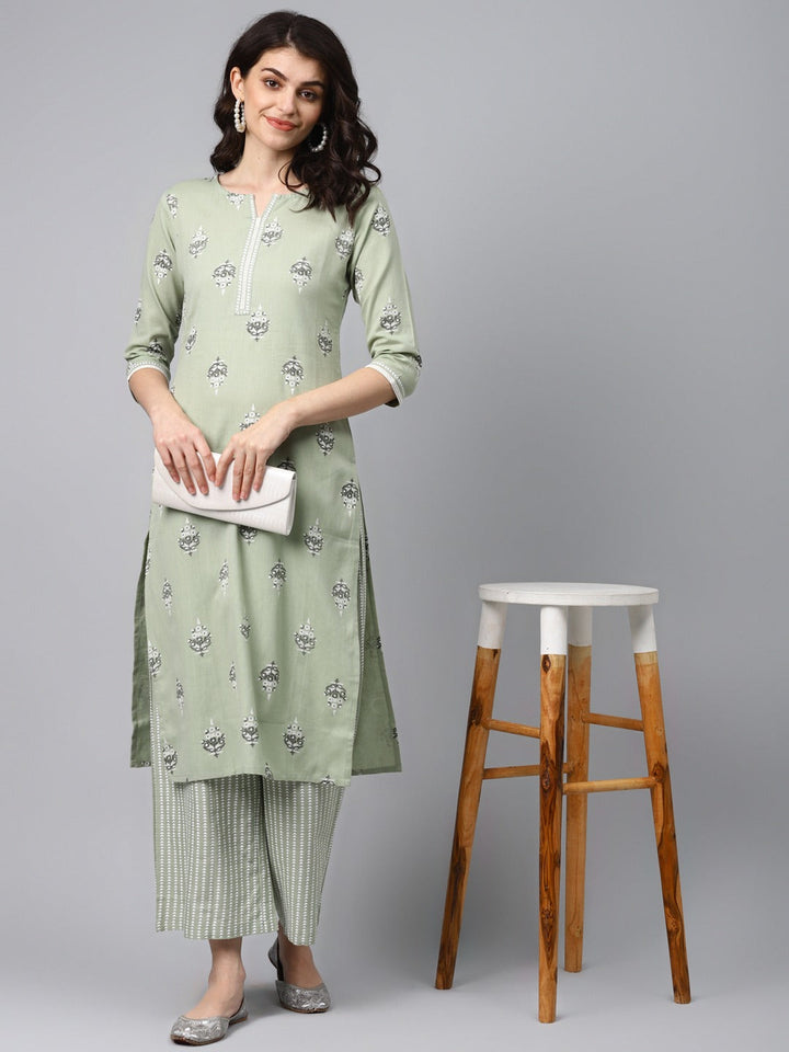 Light Green Printed Kurta Set-Yufta Store-7309SETGRS