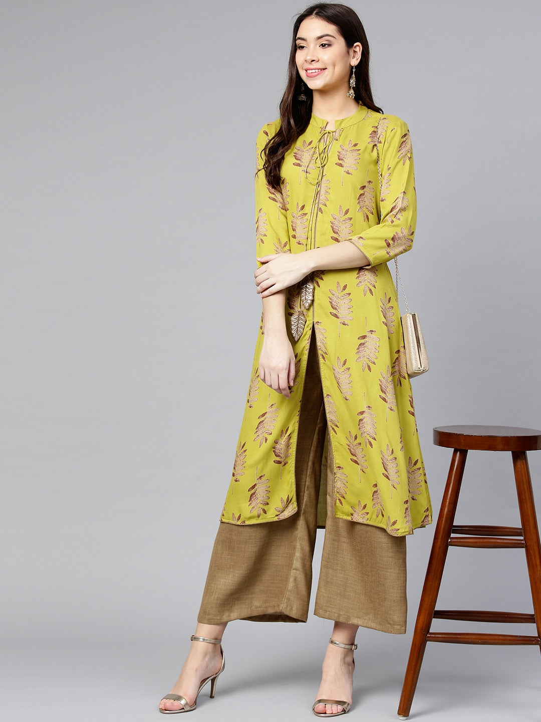 Lime Green & Brown Printed Kurta Set-Yufta Store-YUFNSET2048S